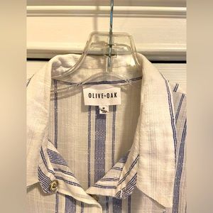 olive +oak blue and white striped lined linen dress.